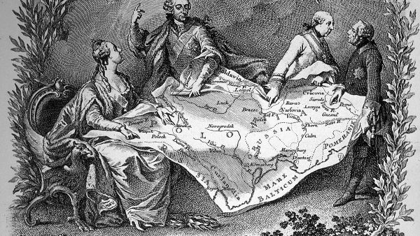 The first partition of Poland, 1772. In the Middle Ages, Poland was a large kingdom. Partly because of its unworkable Parliament, Poland fell prey to the greed of its powerful neighbors, and in 1772, Russia, Prussia, and Austria signed the first treaty to dismember Poland. Further partitions came in 1793 and 1795, by which time Poland ceased to exist as an independent nation. On the left here is Catherine II of Russia. At the right are Joseph II of Austria and Frederick the Great of Prussia - Sputnik International
