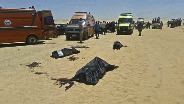This image released by the Minya governorate media office shows bodies of victims killed when gunmen stormed a bus in Minya, Egypt, Friday, May 26, 2017. Egyptian officials say dozens of people were killed and wounded in an attack by masked militants on a bus carrying Coptic Christians, including children, south of Cairo - Sputnik International