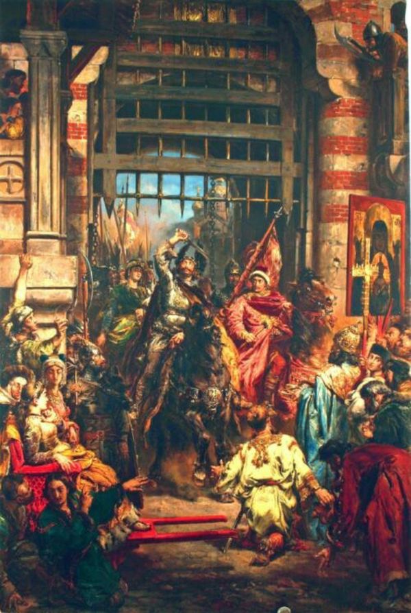 Boleslaw the Brave (left) with Szczerbiec (sword) and Swiatopelk (right) at the Golden Gate in Kiev. On the left, Przedsława Włodzimierzówna. Painting considered lost during WWII until revealed in 2004 - Sputnik International