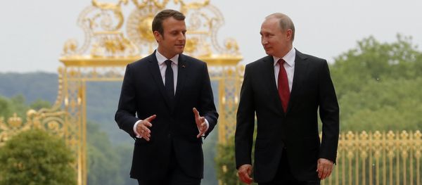 Russian President Vladimir Putin and French President Emmanuel Macron (left) meeting at the Grand Trianon of the Versailles Palace in Paris, May 29, 2017 - Sputnik International