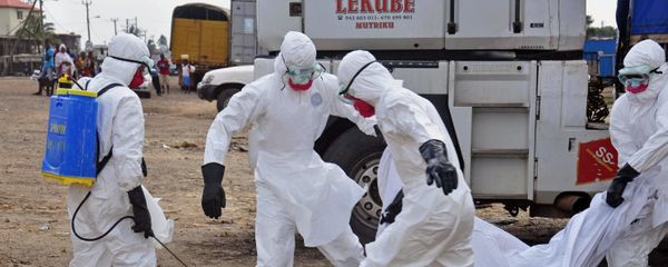 Health workers carry the body of a man suspected of dying from the Ebola virus and left in the street Health workers carry the body of a man suspected of dying from the Ebola virus and left in the street - Sputnik International