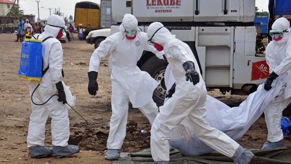 Health workers carry the body of a man suspected of dying from the Ebola virus and left in the street - Sputnik International