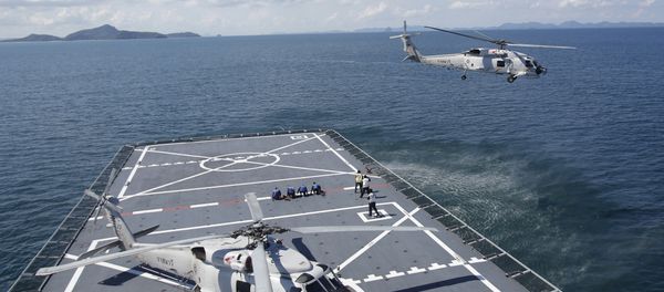 (File) A helicopter takes off from HTMS Angthonga helipad before a patrol demonstration to the media on a Thai naval ship in Phuket province Friday, May 29, 2015 - Sputnik International