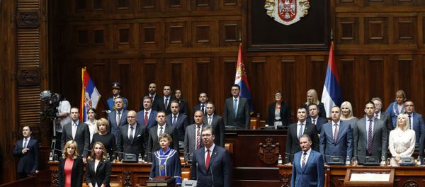 Serbia's newly re-elected President Aleksandar Vucic takes oath for a new term of office during an inauguration ceremony, in Belgrade, Serbia Serbia's newly re-elected President Aleksandar Vucic takes oath for a new term of office during an inauguration ceremony, in Belgrade, Serbia - Sputnik International