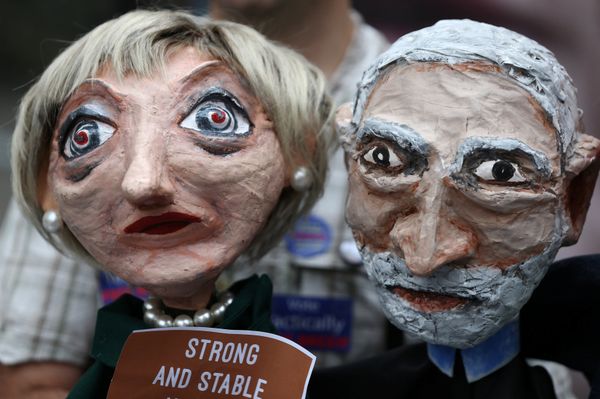 Puppets of Conservative Party leader Theresa May and Labour Party leader Jeremy Corbyn are seen during a protest against the BBC's broadcast restrictions on the Captain Ska song Liar Liar outside Broadcasting House in London, Britain June 2, 2017. Puppets of Conservative Party leader Theresa May and Labour Party leader Jeremy Corbyn are seen during a protest against the BBC's broadcast restrictions on the Captain Ska song Liar Liar outside Broadcasting House in London, Britain June 2, 2017. - Sputnik International