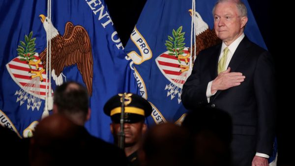 U.S. Attorney General Jeff Sessions is seen on stage as the Atlanta Police Department Honor Guard presents the colors while the National Anthem is played at the National Law Enforcement Conference on Human Exploitation in Atlanta, Georgia, U.S., June 6, 2017 U.S. Attorney General Jeff Sessions is seen on stage as the Atlanta Police Department Honor Guard presents the colors while the National Anthem is played at the National Law Enforcement Conference on Human Exploitation in Atlanta, Georgia, U.S., June 6, 2017 - Sputnik International