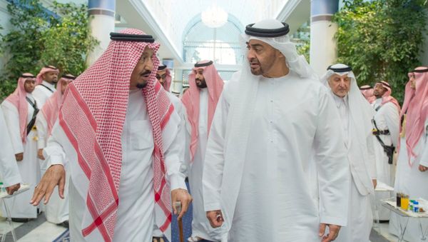 Saudi Arabia's King Salman bin Abdulaziz Al Saud (L) chats with Abu Dhabi Crown Prince Sheikh Mohammed bin Zayed al-Nahyan in Jeddah, Saudi Arabia, June 2, 2017. Picture taken June 2, 2017. - Sputnik International