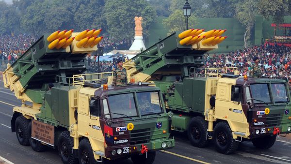 Pinaka 214MM multi barrel rocket launcher roll during the final full dress rehearsal for the Indian Republic Day parade in New Delhi on January 23, 2011 Pinaka 214MM multi barrel rocket launcher roll during the final full dress rehearsal for the Indian Republic Day parade in New Delhi on January 23, 2011 - Sputnik International