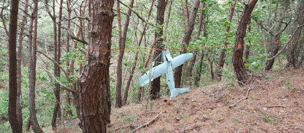 A small aircraft what South Korea's Military said is believed to be a North Korean drone, is seen at a mountain near the demilitarised zone separating the two Koreas in Inje, South Korea in this handout picture provided by the Defence Ministry and released by News1 on June 9, 2017 - Sputnik International