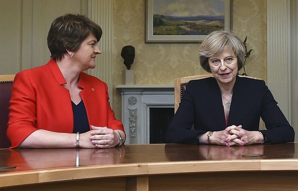 This is a July 25, 2016 file photo of of Arlene Foster, left, leader of the Democratic Unionist Party, with Britain's Prime Minister Theresa May, during a meeting in Belfast. - Sputnik International