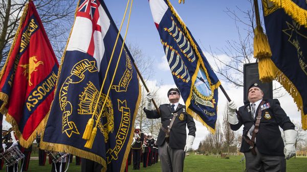 Military colours are displayed during a service marking the 35th anniversary of the Argentine invasion of the Falklands, at the National Memorial Arboretum in Staffordshire, England, Sunday April 2, 2017.  - Sputnik International