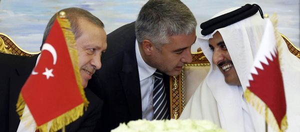 Turkey's President Recep Tayyip Erdogan, and Qatar's Emir Tamim bin Hamad Al Thani speak, with unidentified Turkish translator at centre, during a meeting in Doha, Qatar (File) Turkey's President Recep Tayyip Erdogan, and Qatar's Emir Tamim bin Hamad Al Thani speak, with unidentified Turkish translator at centre, during a meeting in Doha, Qatar (File) - Sputnik International