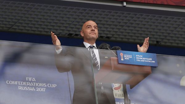 Soccer Football - Russia v New Zealand - FIFA Confederations Cup Russia 2017 - Group A - Saint Petersburg Stadium, St.Petersburg, Russia - June 17, 2017 FIFA president Gianni Infantino before the match Soccer Football - Russia v New Zealand - FIFA Confederations Cup Russia 2017 - Group A - Saint Petersburg Stadium, St.Petersburg, Russia - June 17, 2017 FIFA president Gianni Infantino before the match - Sputnik International