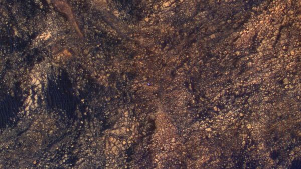 The feature that appears bright blue at the center of this scene is NASA's Curiosity Mars rover amid tan rocks and dark sand on Mount Sharp, as viewed by the HiRISE camera on NASA's Mars Reconnaissance Orbiter on June 5, 2017 - Sputnik International