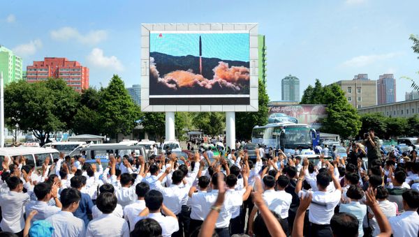 People watch a huge screen showing the test launch of intercontinental ballistic missile Hwasong-14 in this undated photo released by North Korea's Korean Central News Agency (KCNA), July 5, 2017 People watch a huge screen showing the test launch of intercontinental ballistic missile Hwasong-14 in this undated photo released by North Korea's Korean Central News Agency (KCNA), July 5, 2017 - Sputnik International