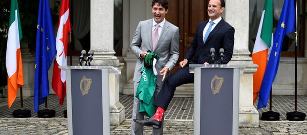 Canada's Prime Minister Justin Trudeau speaks at a press conference with Taoiseach Leo Varadkar at Farmleigh House, Dublin, Ireland July 4, 2017. Canada's Prime Minister Justin Trudeau speaks at a press conference with Taoiseach Leo Varadkar at Farmleigh House, Dublin, Ireland July 4, 2017. - Sputnik International