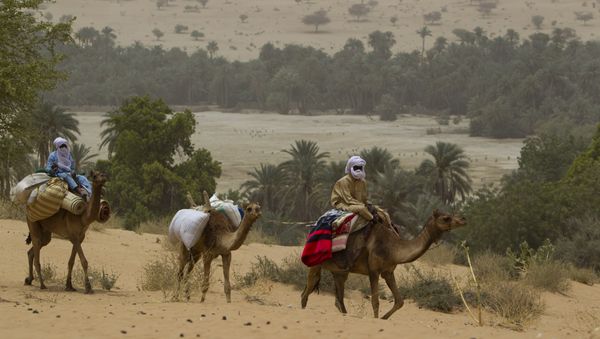Men on camelback transport goods from a town as they return towards Barrah, a desert village in the Sahel belt of Chad, Friday, April 20, 2012 Men on camelback transport goods from a town as they return towards Barrah, a desert village in the Sahel belt of Chad, Friday, April 20, 2012 - Sputnik International