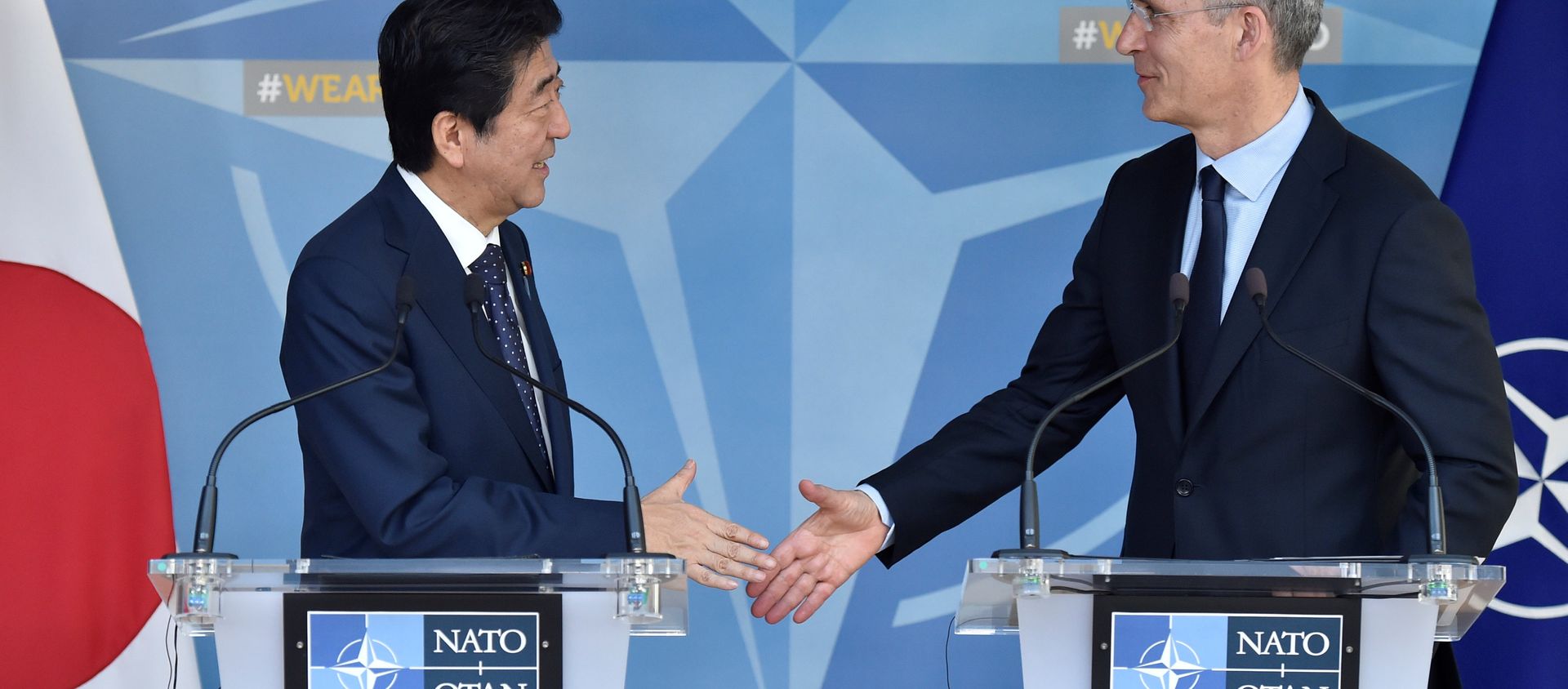Japanese PM Abe and NATO Secretary General Stoltenberg meet at NATO headquarters in Brussels. - Sputnik International, 1920, 07.07.2017
