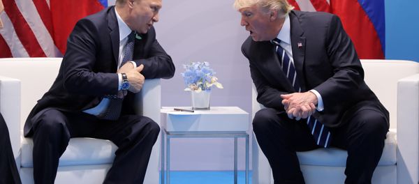 U.S. President Donald Trump speaks with Russian President Vladimir Putin during the their bilateral meeting at the G20 summit in Hamburg, Germany July 7, 2017 - Sputnik International