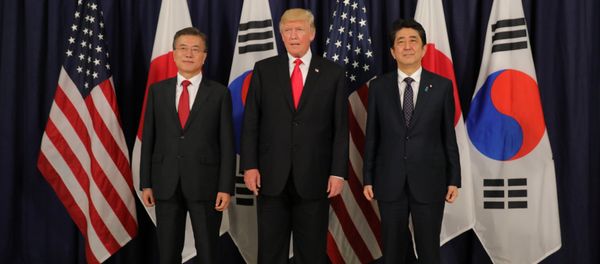 US President Donald Trump meets South Korea's President Moon Jae-In and Japanese Prime Minister Shinzo Abe ahead the G20 leaders summit in Hamburg, Germany July 6, 2017. - Sputnik International