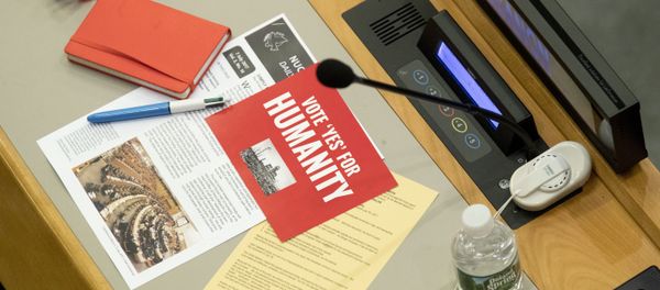 Leaflets are seen on a delegates desk before a vote by the conference to adopt a legally binding instrument to prohibit nuclear weapons, leading towards their total elimination, Friday, July 7, 2017 at United Nations headquarters - Sputnik International