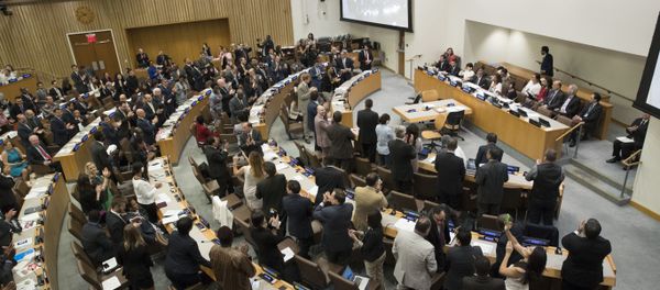 Delegates give a standing ovation after a vote by the conference to adopt a legally binding instrument to prohibit nuclear weapons, leading towards their total elimination, Friday, July 7, 2017 at United Nations headquarters Delegates give a standing ovation after a vote by the conference to adopt a legally binding instrument to prohibit nuclear weapons, leading towards their total elimination, Friday, July 7, 2017 at United Nations headquarters - Sputnik International
