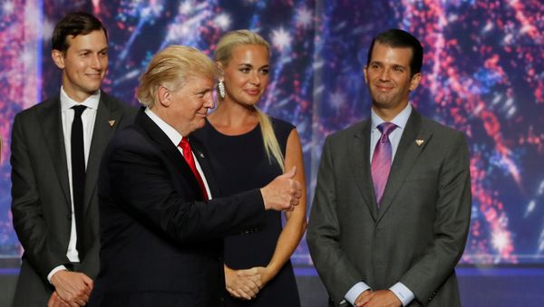 Donald Trump Jr. (R) watches along with his brother in law Jared Kushner (L) and Trump Jr's wife Vanessa (C) as his father Donald Trump (2nd L) celebrates after accepting the Republican presidential nomination at the 2016 Republican National Convention in Cleveland, Ohio U.S. July 21, 2016. Donald Trump Jr. (R) watches along with his brother in law Jared Kushner (L) and Trump Jr's wife Vanessa (C) as his father Donald Trump (2nd L) celebrates after accepting the Republican presidential nomination at the 2016 Republican National Convention in Cleveland, Ohio U.S. July 21, 2016. - Sputnik International
