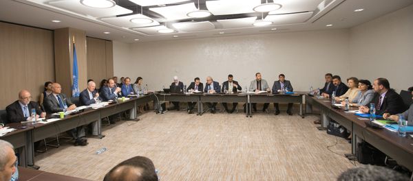 UN Special Envoy of the Secretary-General for Syria Staffan de Mistura (3rd L) attends a new round of negotiation with Syria's main opposition High Negotiations Committee (HNC) leader Nasr al-Hariri during the Intra Syria talks, at Palais des Nations in Geneva, Switzerland July 14, 2017 - Sputnik International