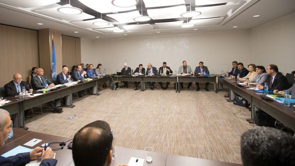 UN Special Envoy of the Secretary-General for Syria Staffan de Mistura (3rd L) attends a new round of negotiation with Syria's main opposition High Negotiations Committee (HNC) leader Nasr al-Hariri during the Intra Syria talks, at Palais des Nations in Geneva, Switzerland July 14, 2017 - Sputnik International