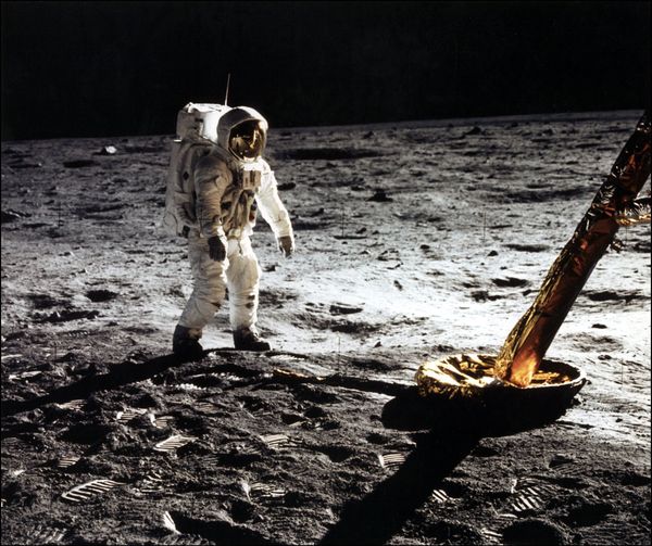 This photo taken 20 July 1969 of astronaut Edwin Buzz E. Aldrin Jr., lunar module pilot walking on the surface of the moon near the leg of the Lunar Module (ML) Eagle during the Apollo 11 extravehicular activity (EVA). Astronaut Neil A. Armstrong took this photograph with a 70mm lunar surface camera. This photo taken 20 July 1969 of astronaut Edwin Buzz E. Aldrin Jr., lunar module pilot walking on the surface of the moon near the leg of the Lunar Module (ML) Eagle during the Apollo 11 extravehicular activity (EVA). Astronaut Neil A. Armstrong took this photograph with a 70mm lunar surface camera. - Sputnik International