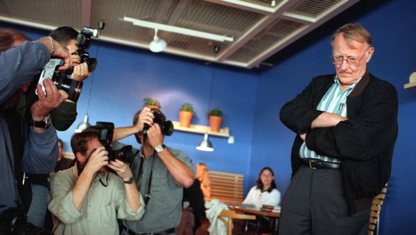 Ingvar Kamprad, founder of the Swedish furniture company Ikea, strikes a pose for the photographers at a press conference at an Ikea store in Stockholm, 17 August, to launch his new autobiography The story about Ikea. Ingvar Kamprad, founder of the Swedish furniture company Ikea, strikes a pose for the photographers at a press conference at an Ikea store in Stockholm, 17 August, to launch his new autobiography The story about Ikea. - Sputnik International