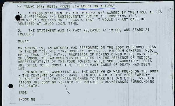 British Foreign Office telegram re press statement on the death of Rudolf Hess British Foreign Office telegram re press statement on the death of Rudolf Hess - Sputnik International