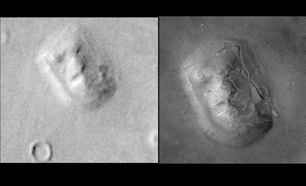 This composite image released by NASA 24 May, 2001 shows a new high resolution image of the Face on Mars (R) alongside an early Viking Spacecraft image (L). This composite image released by NASA 24 May, 2001 shows a new high resolution image of the Face on Mars (R) alongside an early Viking Spacecraft image (L). - Sputnik International