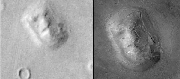 This composite image released by NASA 24 May, 2001 shows a new high resolution image of the Face on Mars (R) alongside an early Viking Spacecraft image (L). This composite image released by NASA 24 May, 2001 shows a new high resolution image of the Face on Mars (R) alongside an early Viking Spacecraft image (L). - Sputnik International