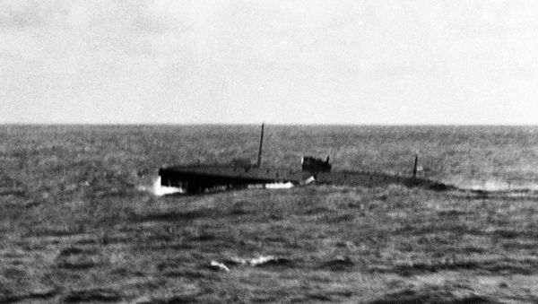 The submarine Nautilus in the Mid Atlantic Ocean, photographed during bad weather from the White Star Motor Liner named Britannic in 1931. The submarine was towed into Queenstown by the US Battleship Wyoming around June 16, 1931. The submarine Nautilus in the Mid Atlantic Ocean, photographed during bad weather from the White Star Motor Liner named Britannic in 1931. The submarine was towed into Queenstown by the US Battleship Wyoming around June 16, 1931. - Sputnik International
