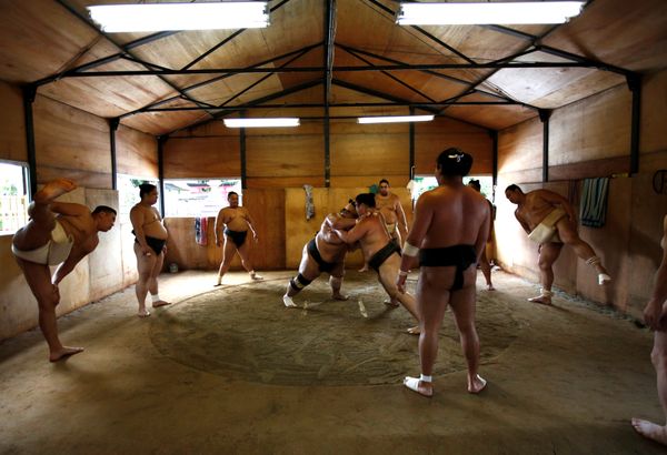 Mongolian-born Tomozuna Oyakata, or master of the Tomozuna stable (L), attends his wrestlers' training session at Ganjoji Yakushido temple in Nagoya, Japan, July 5, 2017. Mongolian-born Tomozuna Oyakata, or master of the Tomozuna stable (L), attends his wrestlers' training session at Ganjoji Yakushido temple in Nagoya, Japan, July 5, 2017. - Sputnik International