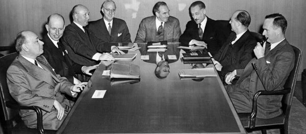 Negotiators of the North atlantic treaty country members talk together after finishing the draft of the treaty 18 march 1949 in Washington. The North Atlantic treaty was signed 04 April 1949 during an official ceremony in Washington creating the North Atlantic Treaty Organization (NATO). Negotiators of the North atlantic treaty country members talk together after finishing the draft of the treaty 18 march 1949 in Washington. The North Atlantic treaty was signed 04 April 1949 during an official ceremony in Washington creating the North Atlantic Treaty Organization (NATO). - Sputnik International