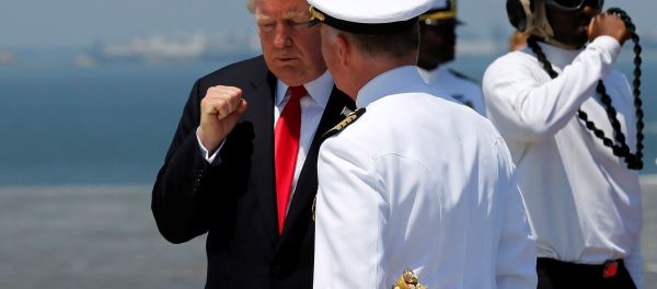 US President Donald Trump bids farewell to US Navy Captain Richard McCormack after commissioning the aircraft carrier USS Gerald R. Ford during a ceremony at Naval Station Norfolk in Norfolk, Virginia, US July 22, 2017. - Sputnik International