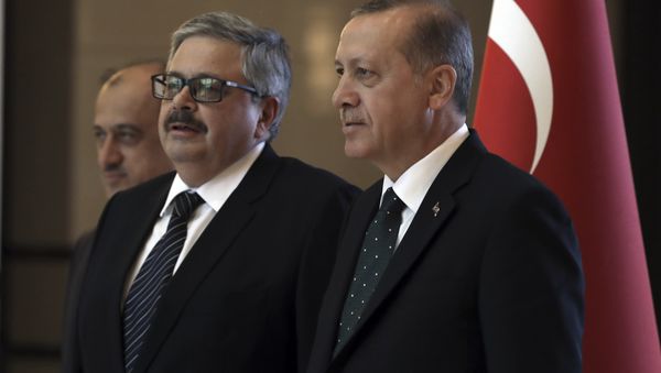 Turkey's President Recep Tayyip Erdogan, right, speaks with the new Russian Ambassador to Turkey, Alexei Yerkhov, as he submits his credentials, in Ankara, Turkey - Sputnik International