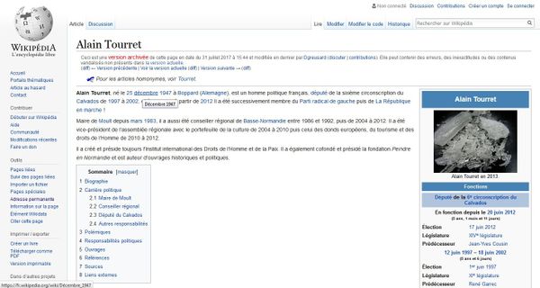 Screenshot of Alain Tourret's hacked Wikipedia page - Sputnik International