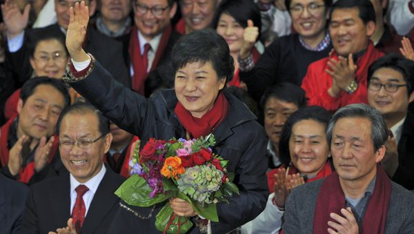 South Korea's presidential candidate Park Geun-Hye of ruling Saenuri Party, waves to supporters after arriving at the party headquarters in Seoul, South Korea, on Wednesday Dec. 19, 2012. (File) South Korea's presidential candidate Park Geun-Hye of ruling Saenuri Party, waves to supporters after arriving at the party headquarters in Seoul, South Korea, on Wednesday Dec. 19, 2012. (File) - Sputnik International