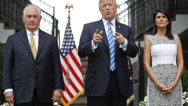 President Donald Trump gestures while speaking following his meeting with Secretary of State Rex Tillerson, left, and U.S. Ambassador to the United Nations Nikki Haley at Trump National Golf Club in Bedminster, N.J., Friday, Aug. 11, 2017. President Donald Trump gestures while speaking following his meeting with Secretary of State Rex Tillerson, left, and U.S. Ambassador to the United Nations Nikki Haley at Trump National Golf Club in Bedminster, N.J., Friday, Aug. 11, 2017. - Sputnik International
