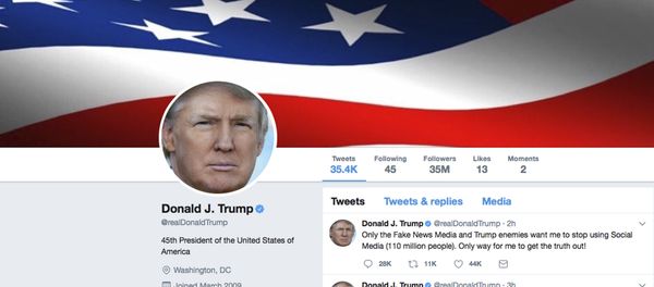This frame grab shows part of the Twitter page of US President Donald Trump. This frame grab shows part of the Twitter page of US President Donald Trump. - Sputnik International