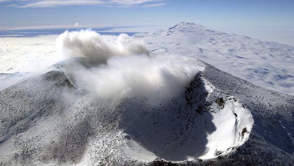 Aerial view of Mount Erebus craters in the foreground with Mount Terror in the background, Ross Island, Antarctica Aerial view of Mount Erebus craters in the foreground with Mount Terror in the background, Ross Island, Antarctica - Sputnik International