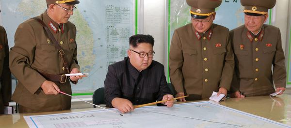 North Korean leader Kim Jong Un visits the Command of the Strategic Force of the Korean People's Army (KPA) in an unknown location in North Korea in this undated photo released by North Korea's Korean Central News Agency (KCNA) on August 15, 2017 - Sputnik International