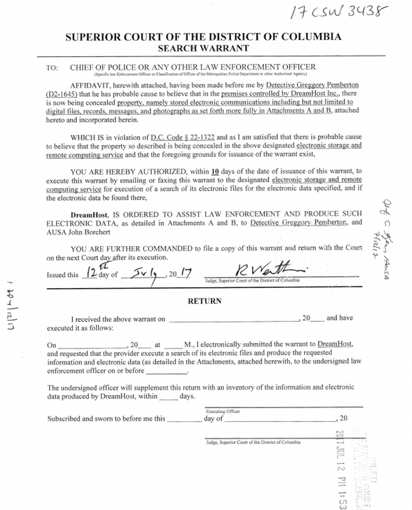 DreamHost's Search Warrant Issued By Department of Justice Page 1 - Sputnik International
