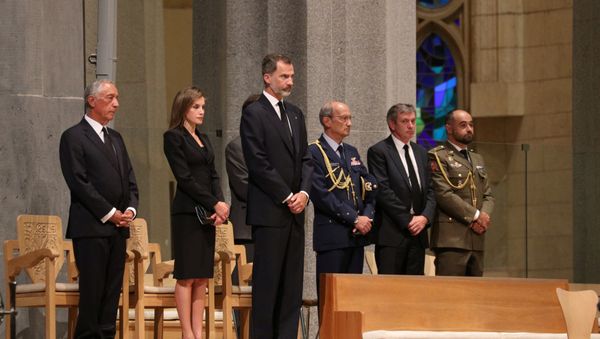 Portugese president Marcelo Rebelo de Sousa and King Felipe of Spain with his wife Letizia are seen as High mass is celebrated in the Basilica of the Sagrada Familia in memory of the victims of the van attack at Las Ramblas in Barcelona earlier this week, Spain August 20, 2017. - Sputnik International