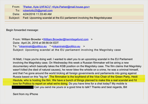 Email archive of Robert Otto, US State Department intelligence official: William Browder's letter to Matthew Kaminski, the executive editor of Politico's European edition - Sputnik International