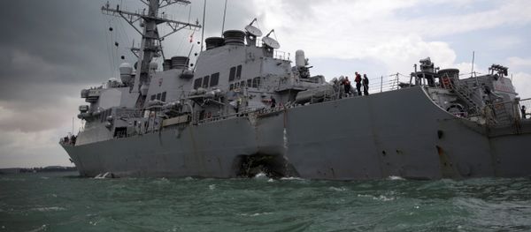 The U.S. Navy guided-missile destroyer USS John S. McCain is seen after a collision, in Singapore waters August 21, 2017 The U.S. Navy guided-missile destroyer USS John S. McCain is seen after a collision, in Singapore waters August 21, 2017 - Sputnik International