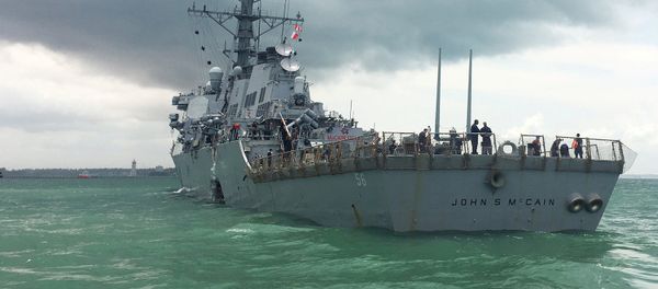 The US Navy guided-missile destroyer USS John S. McCain is seen after a collision, in Singapore waters August 21, 2017 The US Navy guided-missile destroyer USS John S. McCain is seen after a collision, in Singapore waters August 21, 2017 - Sputnik International
